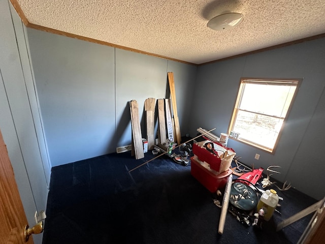 interior space with a textured ceiling and crown molding