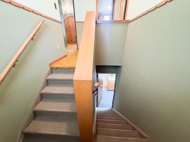stairs featuring carpet and baseboards