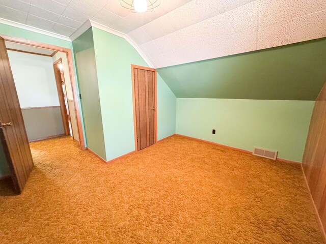additional living space with lofted ceiling, carpet floors, and baseboards