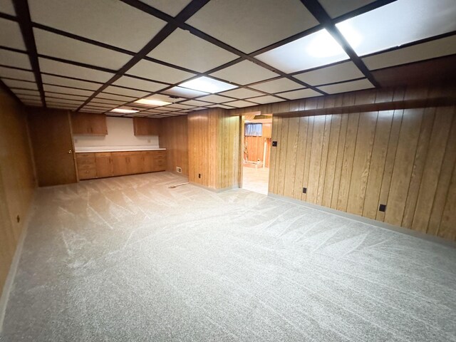 finished basement featuring light colored carpet and wooden walls