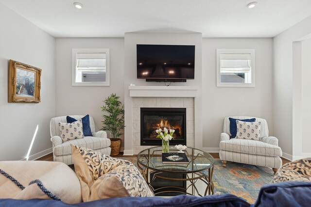 10859 23rd St NE, Saint Michael, MN 55376 - living room with a fireplace, baseboards, recessed lighting, and wood finished floors