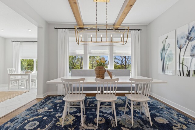 10859 23rd St NE, Saint Michael, MN 55376 - dining room featuring breakfast area, a chandelier, baseboards, beam ceiling, and wood finished floors