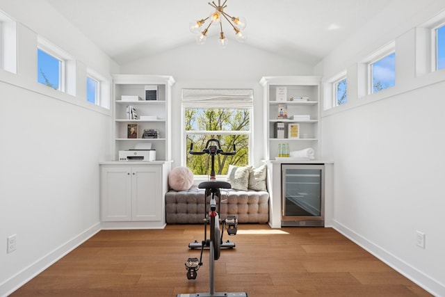10859 23rd St NE, Saint Michael, MN 55376 - exercise room with beverage cooler, wood finished floors, healthy amount of natural light, lofted ceiling, and a chandelier