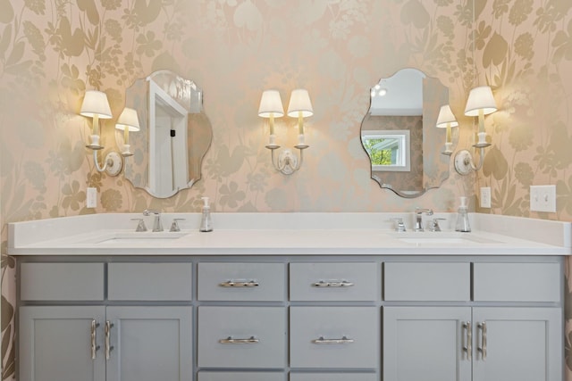 10859 23rd St NE, Saint Michael, MN 55376 - bathroom with wallpapered walls and double vanity