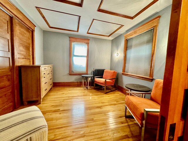 living area with light wood-type flooring and baseboards