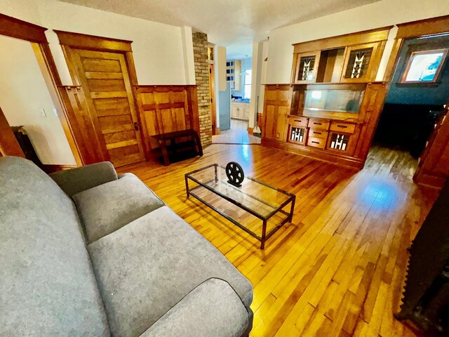 living area featuring a wainscoted wall and wood-type flooring
