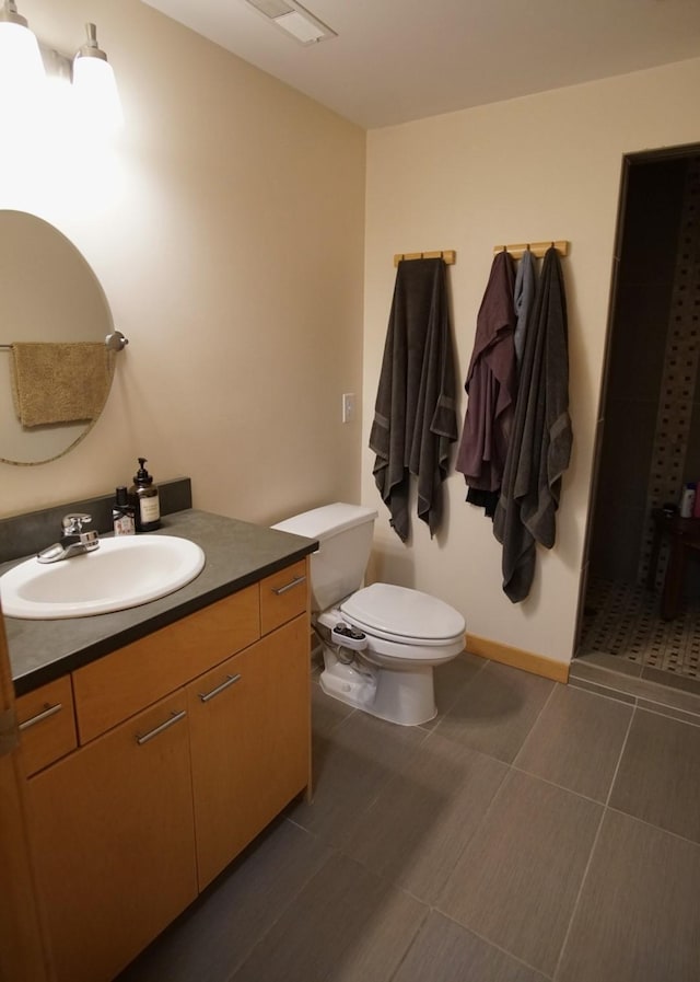 full bath featuring toilet, vanity, and a shower