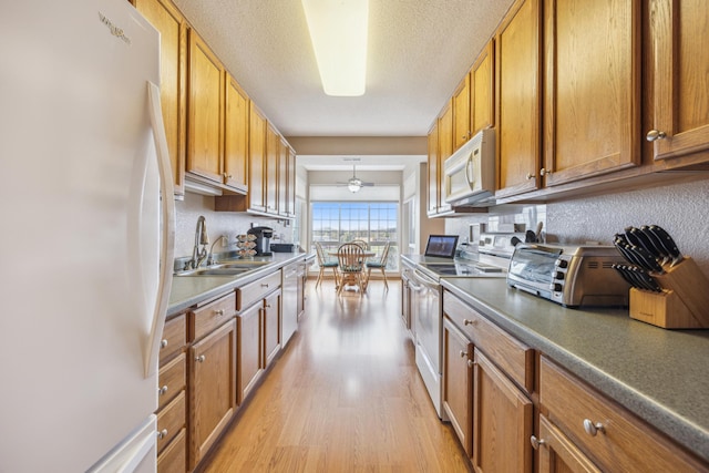 kitchen with brown cabinets, light wood-style flooring, a sink, ceiling fan, and white appliances