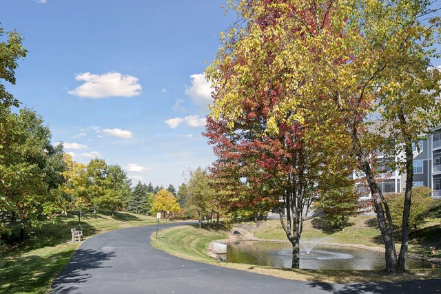 view of street with a water view