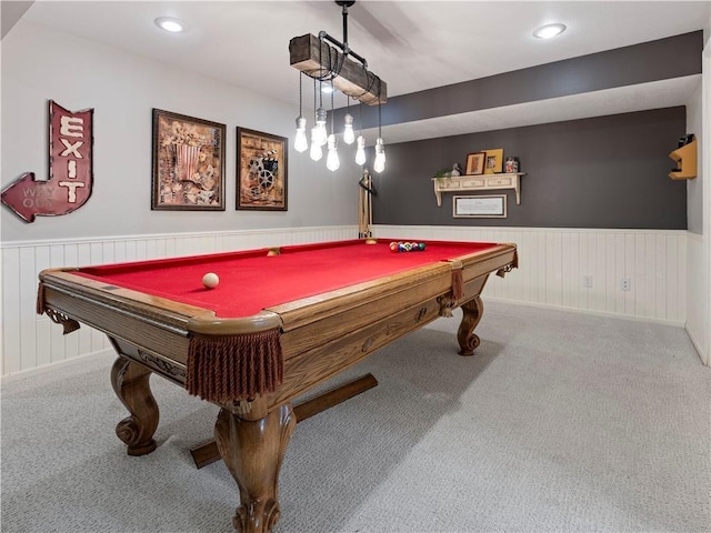 recreation room featuring billiards, a wainscoted wall, and carpet flooring