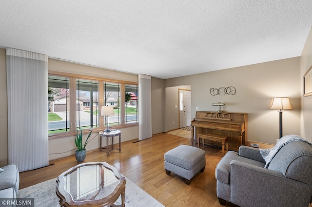 living area featuring a textured ceiling and wood finished floors
