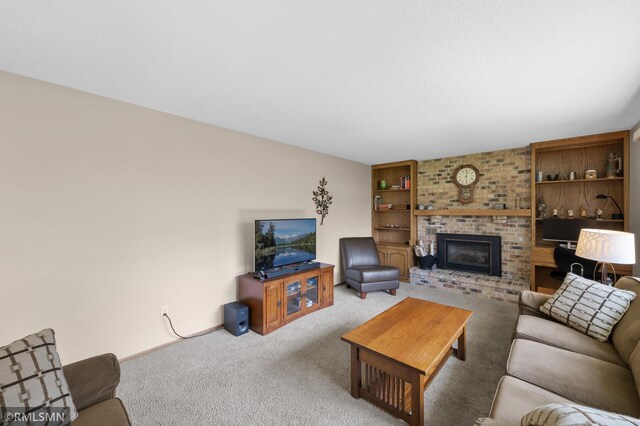 living area with a fireplace, baseboards, and carpet floors