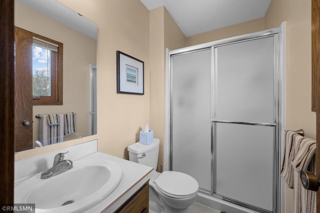 bathroom featuring toilet, a stall shower, and vanity