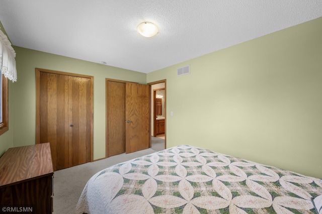 carpeted bedroom with visible vents and two closets