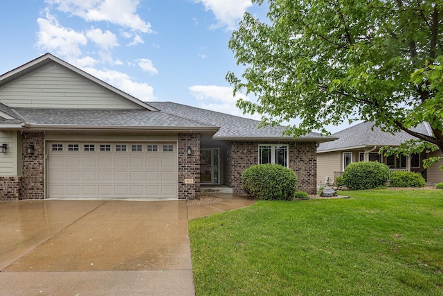 403 Flag Blvd NE, New Prague, MN 56071 - single story home featuring brick siding, an attached garage, a front lawn, driveway, and a shingled roof