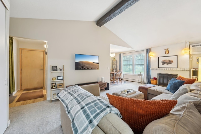 4654 Cedar Lake Rd S Unit 6, Saint Louis Park, MN 55416 - living area featuring carpet floors, lofted ceiling with beams, an AC wall unit, and a notable chandelier