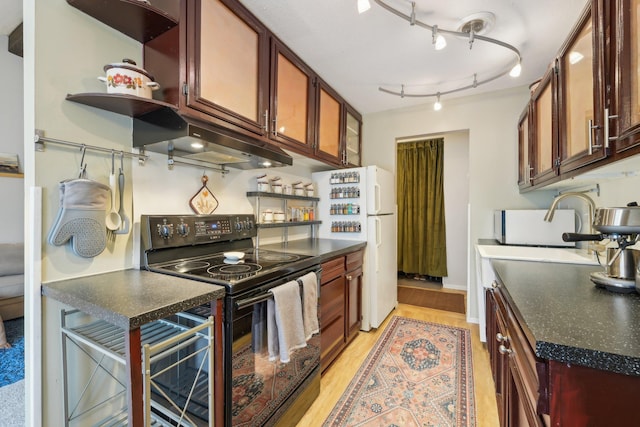 4654 Cedar Lake Rd S Unit 6, Saint Louis Park, MN 55416 - kitchen with dark countertops, open shelves, light wood-style floors, black electric range, and under cabinet range hood