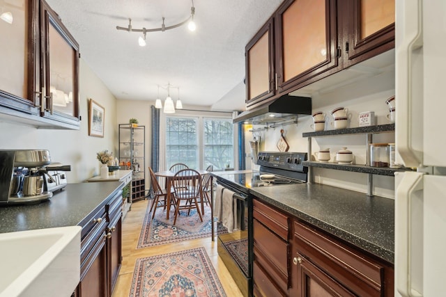 4654 Cedar Lake Rd S Unit 6, Saint Louis Park, MN 55416 - kitchen with freestanding refrigerator, electric range, dark countertops, under cabinet range hood, and light wood-style flooring