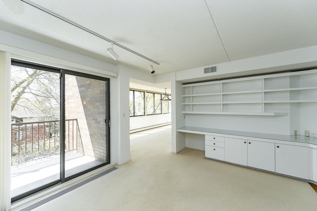 unfurnished office with light carpet, rail lighting, and a textured ceiling