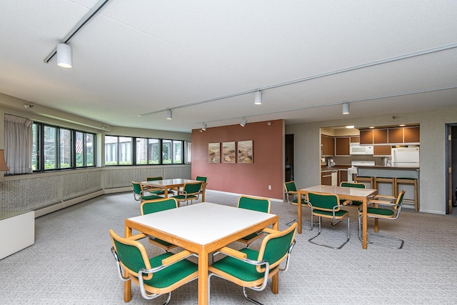 dining room featuring rail lighting, a baseboard radiator, and carpet