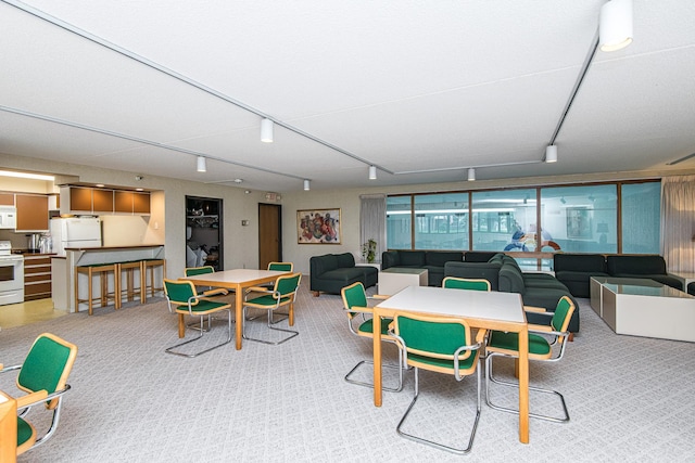 dining area featuring rail lighting and light colored carpet