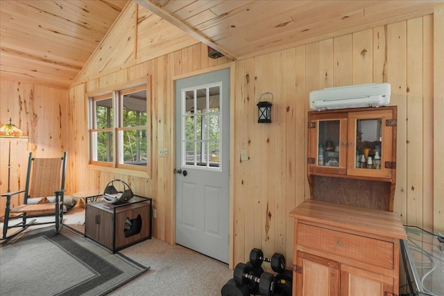 95536 Pine Is, Greenwood Twp, MN 55790 - doorway to outside featuring light colored carpet, vaulted ceiling, wooden walls, wood ceiling, and a wall mounted air conditioner