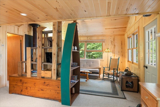 95536 Pine Is, Greenwood Twp, MN 55790 - living area with wooden ceiling, wooden walls, carpet, and a wood stove