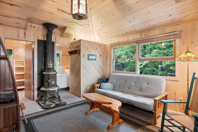 95536 Pine Is, Greenwood Twp, MN 55790 - sitting room with wood walls, wood ceiling, a wood stove, and carpet flooring