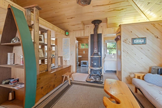 95536 Pine Is, Greenwood Twp, MN 55790 - living area featuring a wood stove, wooden walls, wood ceiling, and wood finished floors