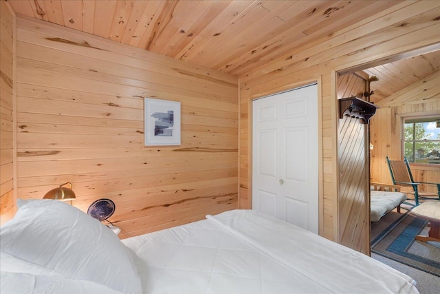 95536 Pine Is, Greenwood Twp, MN 55790 - bedroom featuring wooden walls, wood ceiling, access to outside, and vaulted ceiling
