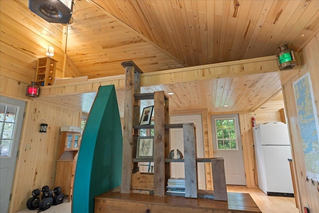 95536 Pine Is, Greenwood Twp, MN 55790 - interior space featuring wooden walls, wooden ceiling, and wood finished floors
