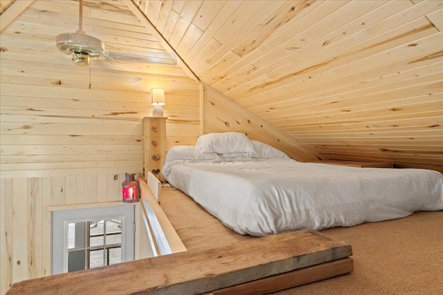95536 Pine Is, Greenwood Twp, MN 55790 - bedroom with wooden ceiling, wooden walls, and lofted ceiling