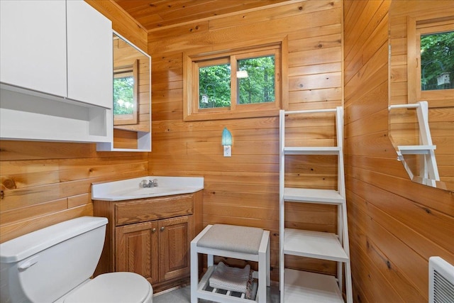 95536 Pine Is, Greenwood Twp, MN 55790 - half bathroom featuring wood walls, toilet, and vanity