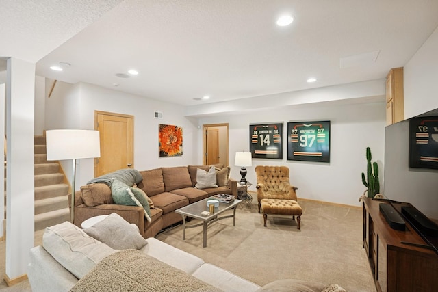17300 Tilia Rdg, Eden Prairie, MN 55347 - living area with light carpet, recessed lighting, stairs, and baseboards