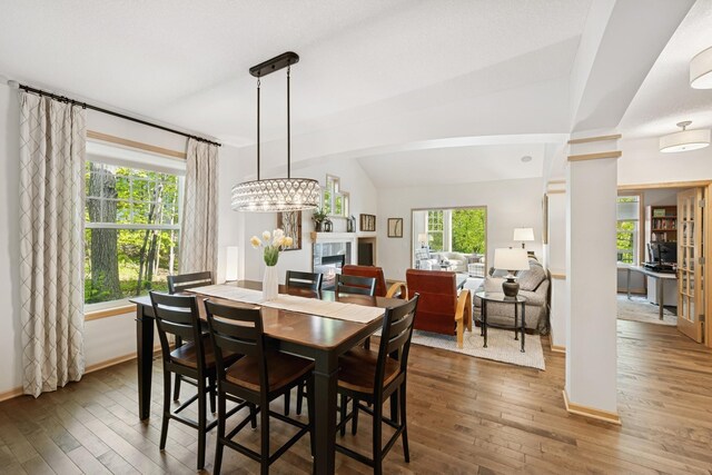 17300 Tilia Rdg, Eden Prairie, MN 55347 - dining area with hardwood / wood-style floors, a glass covered fireplace, and lofted ceiling