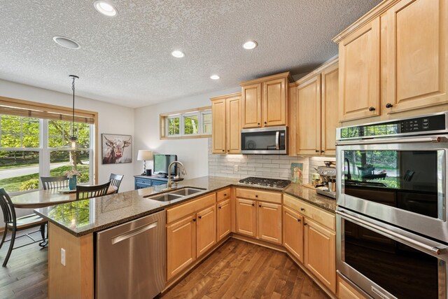 17300 Tilia Rdg, Eden Prairie, MN 55347 - kitchen with stainless steel appliances, a peninsula, dark wood finished floors, recessed lighting, and light brown cabinets
