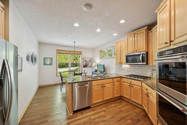 17300 Tilia Rdg, Eden Prairie, MN 55347 - kitchen featuring stainless steel appliances, a peninsula, a textured ceiling, recessed lighting, and wood finished floors