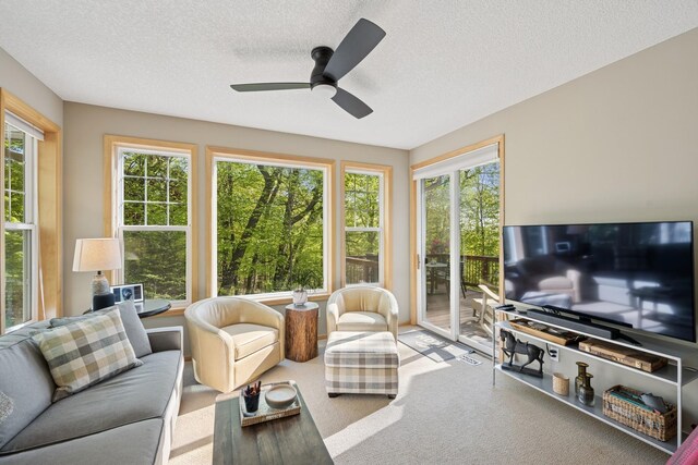 17300 Tilia Rdg, Eden Prairie, MN 55347 - carpeted living area featuring a ceiling fan and a textured ceiling