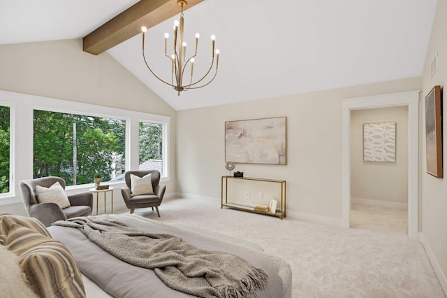 carpeted bedroom with an inviting chandelier, baseboards, vaulted ceiling with beams, and visible vents