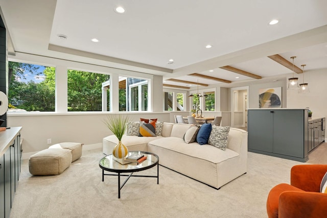 living room featuring recessed lighting, beam ceiling, light carpet, and baseboards