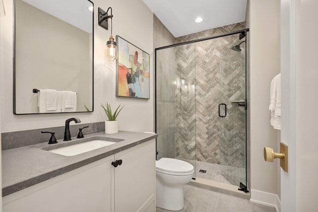 bathroom with recessed lighting, tile patterned flooring, a shower stall, toilet, and vanity