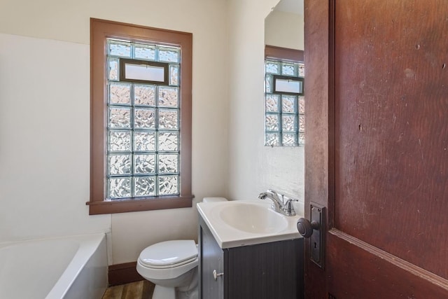 bathroom featuring a tub, toilet, and vanity