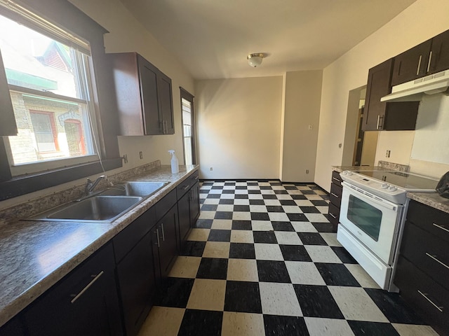 2108 Elliot Ave, Minneapolis, MN 55404 - kitchen featuring white range with electric stovetop, under cabinet range hood, a sink, dark flooring, and light countertops