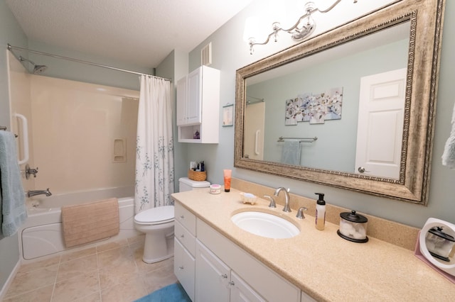 full bath with shower / bathtub combination with curtain, vanity, tile patterned floors, toilet, and visible vents