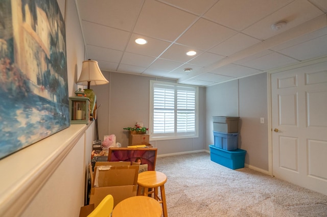 game room featuring a drop ceiling, recessed lighting, carpet flooring, and baseboards