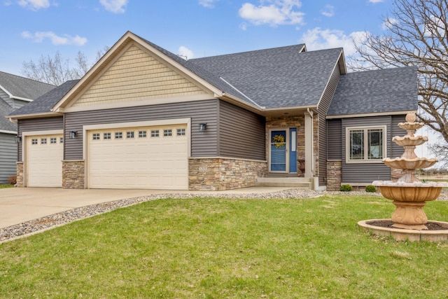 craftsman-style home with driveway, a shingled roof, an attached garage, and stone siding