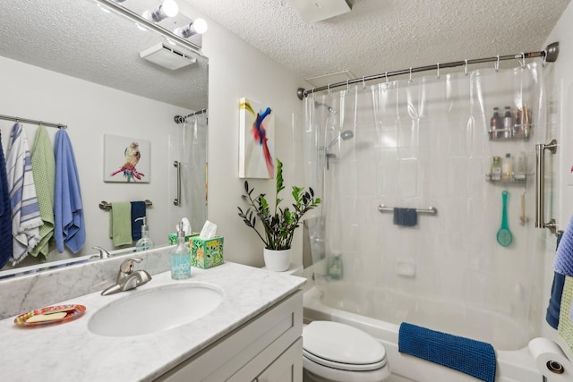 full bathroom featuring vanity,  shower combination, a textured ceiling, and toilet