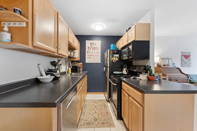 2112 Garfield Ave Unit 6, Minneapolis, MN 55405 - kitchen featuring dark countertops, light brown cabinetry, light tile patterned floors, and black appliances
