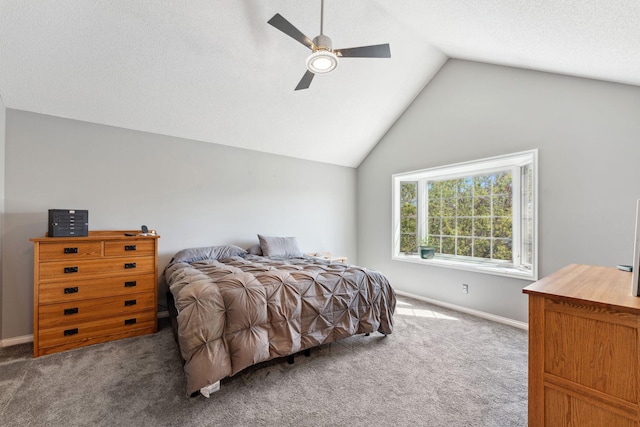 bedroom featuring baseboards, a ceiling fan, carpet, and high vaulted ceiling