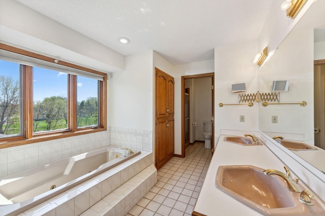 bathroom featuring toilet, a sink, and a jetted tub